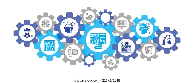 Artificial Intelligence landing page template. Robotics, Chatbot, Database, Big Data icons banner concept for website and mobile design.