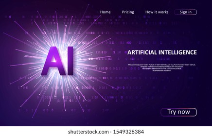 Artificial Intelligence landing page for a website. Artificial intelligence and machine learning concept. Digital computer code. Data transfer concepts in internet.