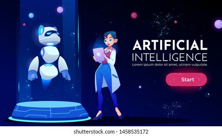 Artificial Intelligence Landing Page, Woman Scientist In White Robe Stand With Tablet In Front Of Panda Robot On Ski-fi Podium, Neon Glowing Futuristic Background Cartoon Vector Illustration, Banner