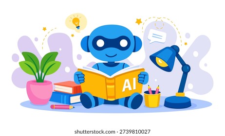 Artificial intelligence learning concept showing student with AI assistant and books. Perfect for education apps, website banners, e learning promotion and digital marketing.
