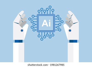 Artificial intelligence learning machinery and robot, Vector illustration in flat style