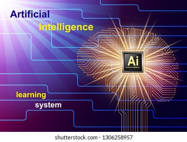 Artificial Intelligence, Learning System. Realistic brain of the chip. Binary code background. Futuristic design vector Illustration