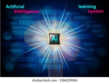 Artificial Intelligence, Learning System. Realistic brain of the chip. Binary code background. Futuristic design vector Illustration