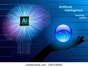 Artificial Intelligence, Learning System. Realistic brain of the chip. shining transparent ball on palm, hand. Futuristic design vector Illustration