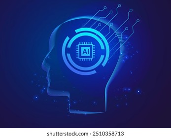 Artificial intelligence with letter AI in Abstract robot head Technology Analysis vector design concept. AI technology for advance technology, robotic, web, new technology, ui, business, automation.