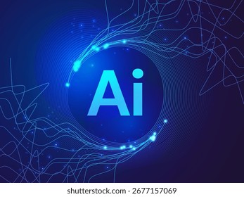 Inteligência artificial com letra AI em Onda abstrato Linhas de rede móvel Análise ao redor do centro e efeito azul claro no plano de fundo azul escuro vetor conceito de projeto para tecnologia avançada, web.