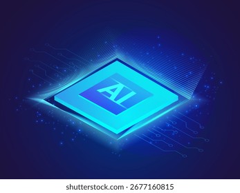 Inteligencia artificial con letra AI en estilo isométrico de tecnología de microchip Abstractas y efecto de luz azul en el concepto de diseño de Vector de fondo oscuro azul. Tecnología de la IA para la tecnología avanzada, robot