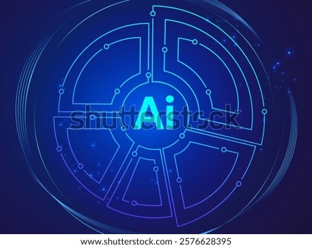 Artificial intelligence with letter AI in Abstract pie chart circuit board lines technology analysis vector design concept. AI technology for advance technology, robotic, ui, automation, future tech.