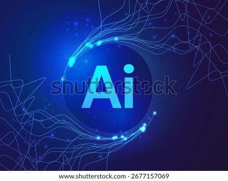 Artificial intelligence with letter AI in Abstract wavy Moving network lines Analysis around the center and light blue effect on dark blue background vector design concept for advance technology, web.