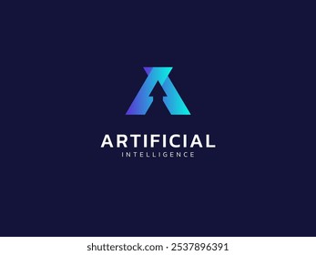 Artificial intelligence with letter A Up arrow overlapping shapes technology Analysis logo vector design concept. AI technology logotype symbol for advance technology, tech company, ui, robotic, web.