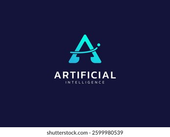 Artificial intelligence with letter A Up arrow overlapping shapes technology Analysis logo vector design concept. AI technology logotype symbol for advance technology, tech company, ui, robotic, web.