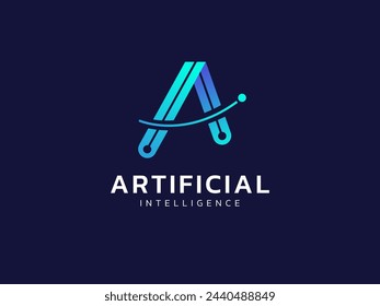 Artificial intelligence with letter A circuit board lines technology Analysis logo vector design concept.   AI technology logotype symbol for advance technology, tech company, ui, innovation, robotic.