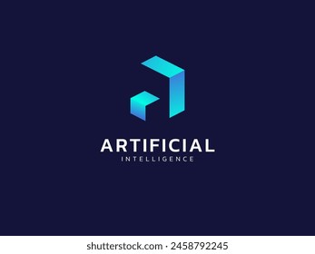 Artificial intelligence with letter a cube Future technology Analysis logo vector design concept. Letter a logotype symbol for advance technology, tech company, ui, new tech, blockchain, network, web.