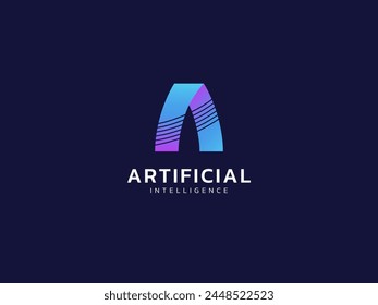 Inteligencia artificial con letra A tecnología de Formas curvadas Concepto de diseño de Vector de logo de análisis. Símbolo de logotipo de tecnología de IA para tecnología avanzada, empresa de tecnología, identidad, interfaz de usuario, innovación, robot.