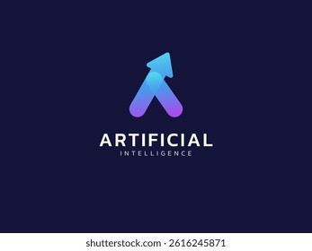 Artificial intelligence with letter A growth up arrow overlapping shapes technology Analysis logo vector design concept. AI technology logotype symbol for advance technology, tech company, ui, robotic