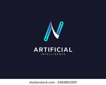 Artificial intelligence with letter N circuit board lines technology Analysis logo vector design concept. AI technology logotype symbol for advance technology, tech company, ui, innovation, robotic.