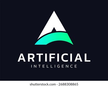 Inteligencia artificial con letra Una forma curvada superpuesta en tecnología de triángulos Concepto de diseño de Vector de logotipo de análisis. Símbolo del logotipo de la tecnología de la IA para la tecnología avanzada, compañía de la tecnología, ui, Web.