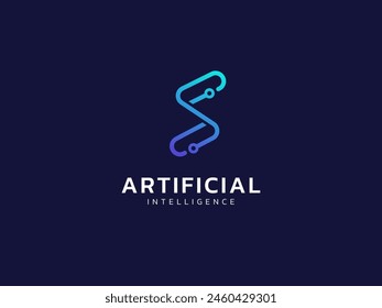 Künstliche Intelligenz mit Letter s chainlink Netzwerklinien Technologie Analyse Logo Vektorgrafik Design Concept. KI-Technologie-Logo-Typ-Symbol für fortgeschrittene Technologie, Tech-Unternehmen, UI, Online-Netzwerk. 