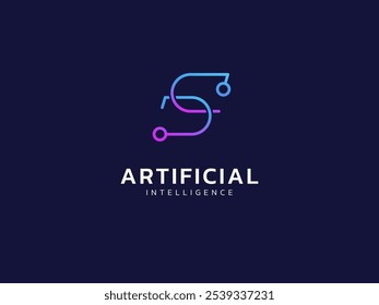 Artificial intelligence with letter S chainlink network lines technology Analysis logo vector design concept. AI technology logotype symbol for advance technology, tech company, innovation, ui, robot.
