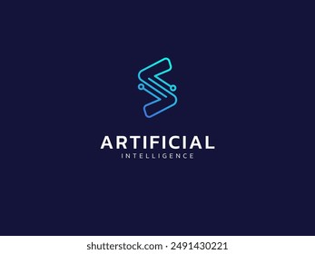 Artificial intelligence with letter s circuit board lines technology Analysis logo vector design concept. AI technology logotype symbol for advance technology, tech company, ui, online network, robot.