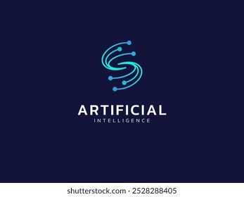 Artificial intelligence with letter S curved Network lines technology Analysis logo vector design concept. AI technology logotype symbol for advance technology, tech company, identity, innovation, ui.