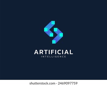 Artificial intelligence with letter s geometric square network technology Analysis logo vector design concept. AI technology logotype symbol for advance technology, tech company, ui, online network. 