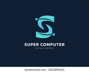 Letra de inteligencia artificial "S" tecnología superinformática Concepto de diseño vectorial del logotipo de análisis. Símbolo de logotipo de la letra S para superordenador, tecnología AI, verificación, auditoría, seguimiento, controlador, big data.