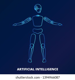 Artificial Intelligence Lettering on Banner with Robot Android Silhouette. Vector Futuristic Template with Ai Robotic System, Cyber Mind, Cyborg or Humanoid Machine Illustration. Future Technology