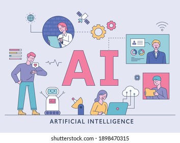 Artificial intelligence lifestyle. Users and scientists exchange information around AI characters. flat design style minimal vector illustration.