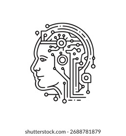 Inteligência Artificial Line Art — Ilustração Vetorial de Design de Circuito de Face Humana