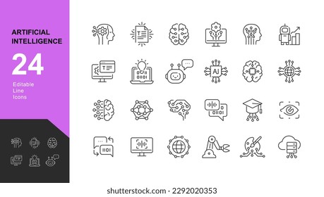 Artificial Intelligence Line Editable Icons set. Vector illustration in modern thin line style icons of AI technology and possibilities, machine learning, smart robotic. Pictograms and infographics