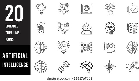 Conjunto de iconos editables de la línea de inteligencia artificial. Ilustración vectorial en modernos íconos de línea delgada de la tecnología y posibilidades de IA, aprendizaje automático, robótica inteligente.