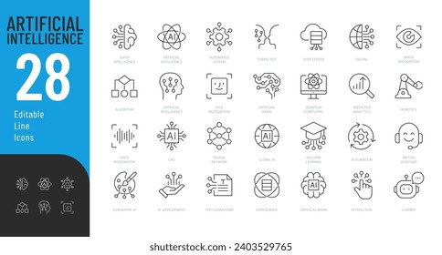 Artificial Intelligence Line Editable Icons set. Vector illustration in modern thin line style of AI technology and possibilities, machine learning