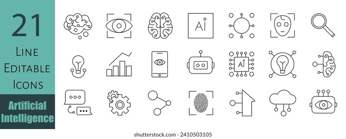 Conjunto de iconos editables de la línea de inteligencia artificial. Ilustración vectorial en el estilo moderno de línea delgada de la tecnología y posibilidades de IA, aprendizaje automático, robótica inteligente. Aislado sobre blanco