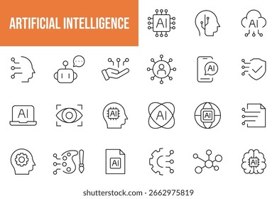 Línea de Inteligencia Artificial Conjunto de iconos editables. Ilustración vectorial en el estilo de línea delgada moderna de la tecnología de IA	