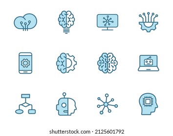 artificial intelligence line filled vector icons in two colors isolated on white background. artificial intelligence blue icon set for web design, ui, mobile apps, print polygraphy and promo business