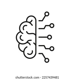 Artificial Intelligence Line Icon. AI, Neuroscience Innovation Concept Outline Icon. Human Brain and Network Technology Linear Pictogram. Editable Stroke. Isolated Vector Illustration.
