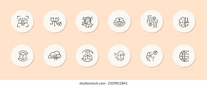 Artificial intelligence line icon. Brain, gear, planet, digitalization, new technologies, gadget. Pastel color background. Vector line icon