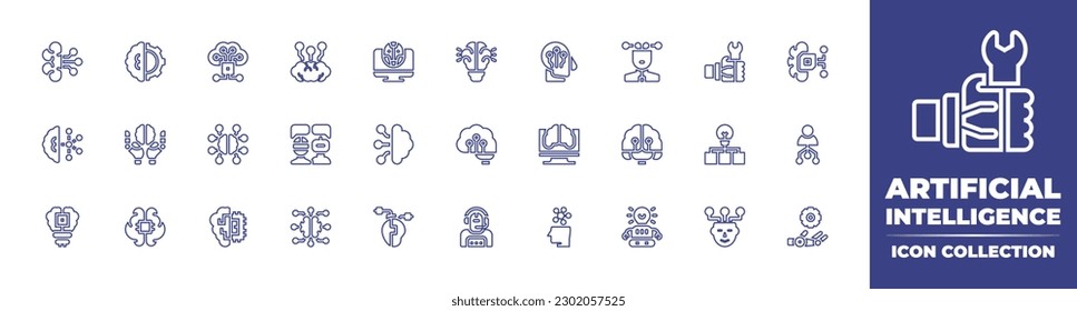 Artificial intelligence line icon collection. Editable stroke. Vector illustration. Containing artificial intelligence, robotic hand, data, artificial heart, intelligent assistant, intelligence, robot