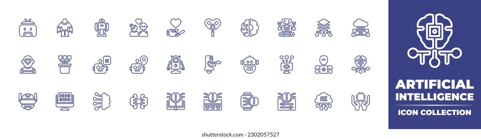 Artificial intelligence line icon collection. Editable stroke. Vector illustration. Containing robot, automaton, gear, layers, cloud, growth, notes, location, head, computer, artificial intelligence.