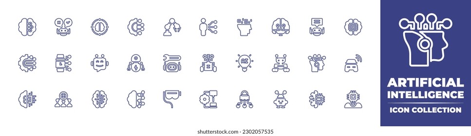 Artificial intelligence line icon collection. Editable stroke. Vector illustration. Containing brain, decision, ai, artificial intelligence, robot arm, user, assistant, connection, smartwatch, bot.