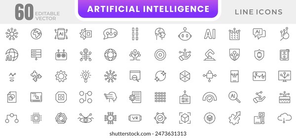 Artificial intelligence line icon collection. AI technology, Machine learning, smart robotic, cloud computing network, digital AI technology, algorithm, outline icon set. Thin icons pack.