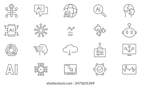 Colección de iconos de línea de inteligencia artificial. Tecnología de IA, aprendizaje automático, robótica inteligente, red de computación en la nube, tecnología de IA digital, algoritmo, conjunto de iconos de esquema. Paquete de iconos finos.