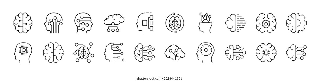 Icon-Kollektion für künstliche Intelligenzlinie. Bearbeitbarer Strich. Minimalistisches lineares Piktogramm für das Design von Karten, Apps, Bannern, Posts