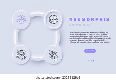 Artificial intelligence line icon. Gears, learning, brain, headphones, arrows. Neomorphism steyle. Vector line icon