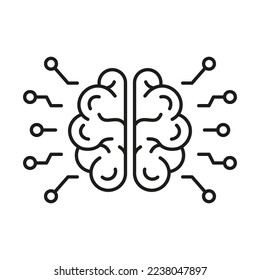 Artificial Intelligence Line Icon. Human Brain and Network Technology Linear Pictogram. AI, Innovation Neuroscience Concept Outline Icon. Editable Stroke. Isolated Vector Illustration.