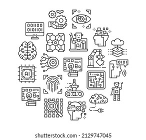 Artificial Intelligence line icon set. Robotics, Chatbot, Database, Big Data icons in a circle isolated on white background.