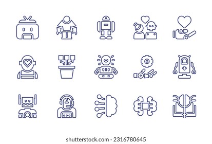 Artificial intelligence line icon set. Editable stroke. Vector illustration. Containing robot, growth, robotic hand, intelligent assistant, brain, machine learning.