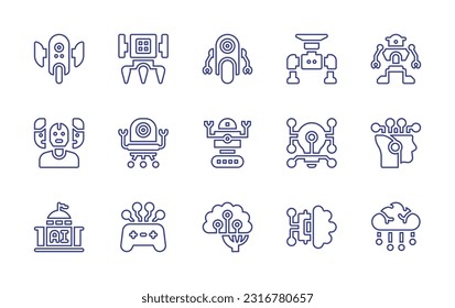 Artificial intelligence line icon set. Editable stroke. Vector illustration. Containing robot, cyborg, nanobot, light bulb, robotic, government, game controller, machine learning, ai.