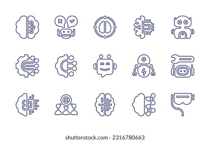 Artificial intelligence line icon set. Editable stroke. Vector illustration. Containing brain, decision, ai, artificial intelligence, robot, connection, bot, maintenance, virtual reality.